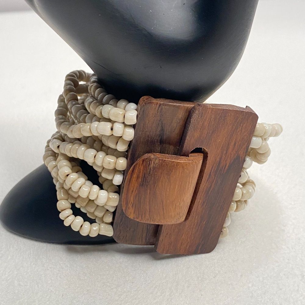 💎Stretch Bracelet 16 Strand Glass Beige Seed Beads Wood Hook Clasp